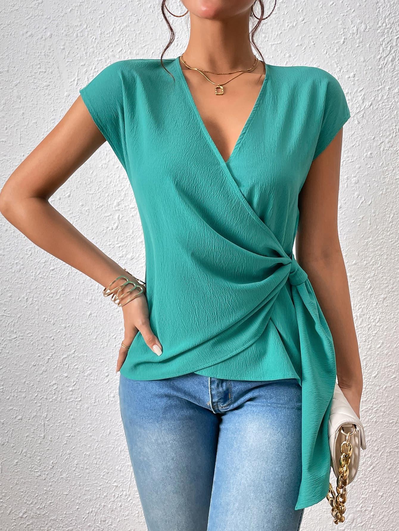 Splendid Tied Short Sleeve Surplice Blouse - MXSTUDIO.COM