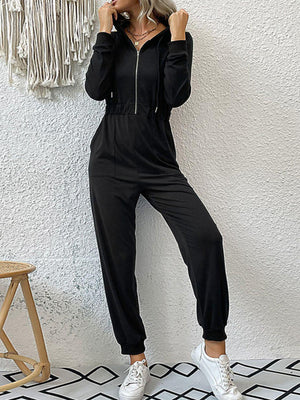 Sporty Black Hooded Jumpsuit - MXSTUDIO.COM