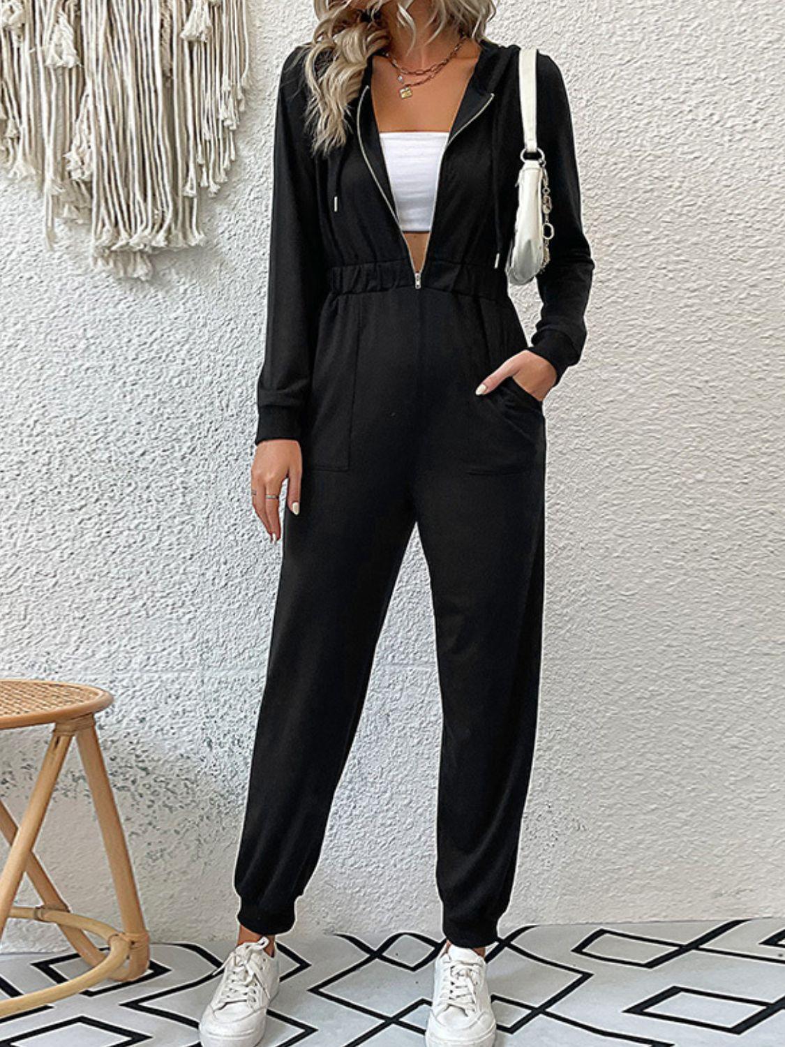 Sporty Black Hooded Jumpsuit - MXSTUDIO.COM