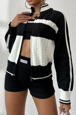 Sporty Vibe Cable Knit Zip Up Cardigan-MXSTUDIO.COM