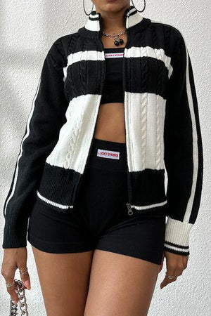 Sporty Vibe Cable Knit Zip Up Cardigan-MXSTUDIO.COM