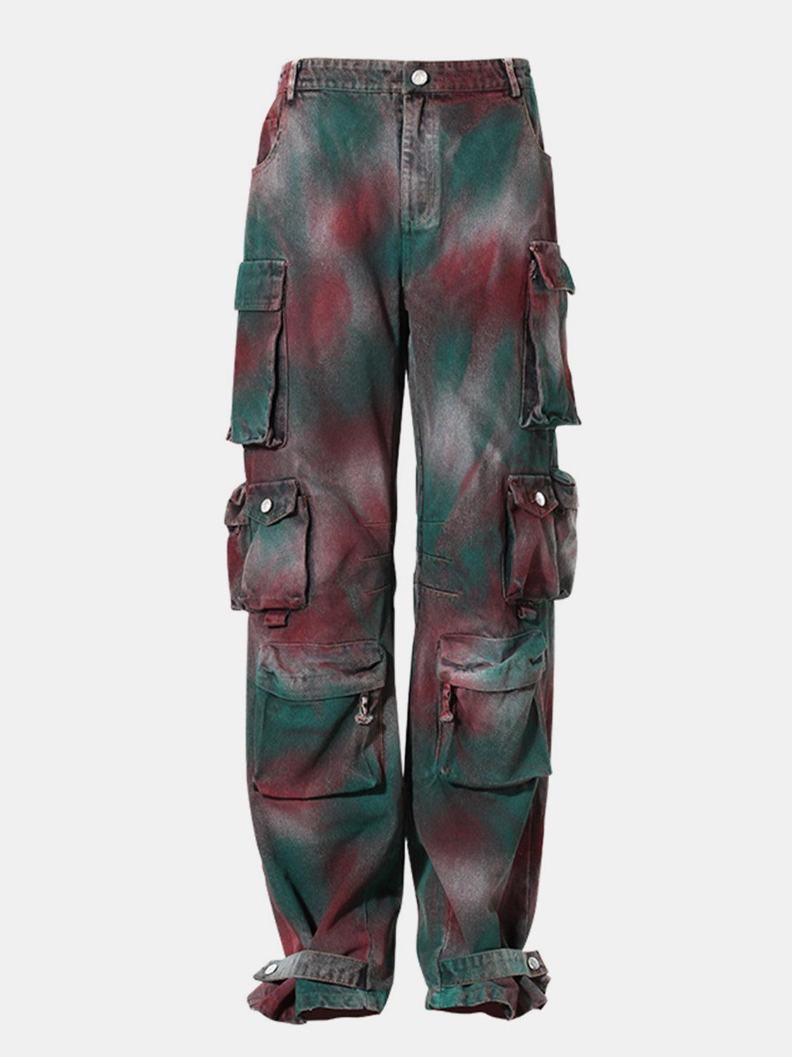 a pair of green and red cargo pants