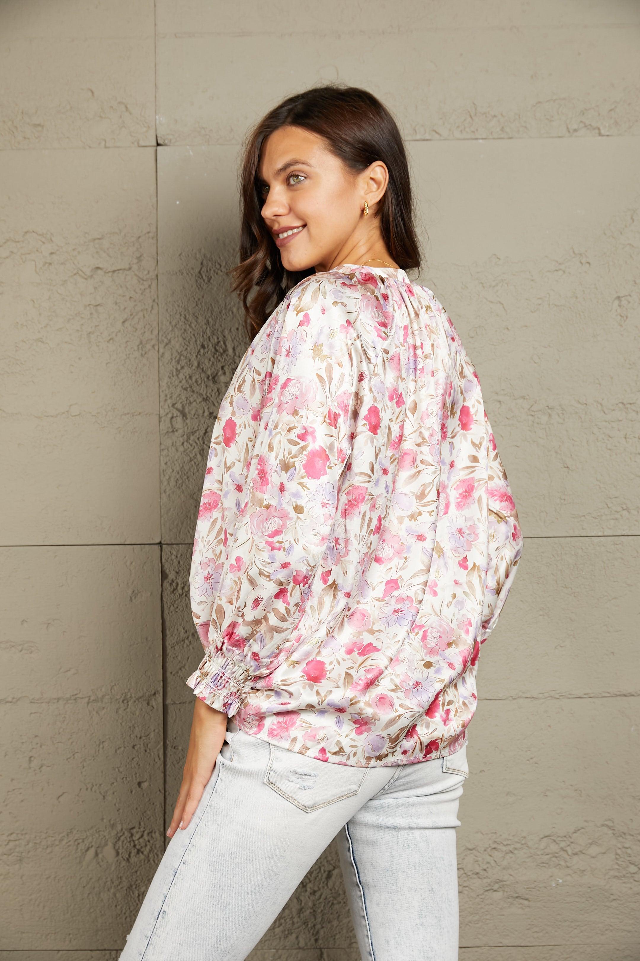 Spring Feels V-Neck Floral Long Sleeve Shirt - MXSTUDIO.COM