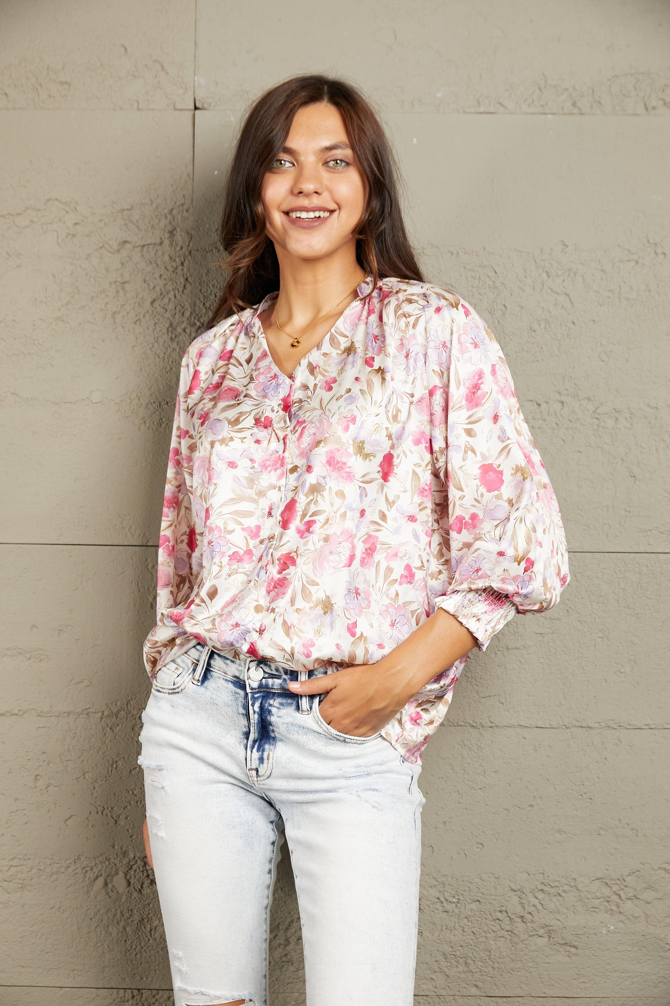 Spring Feels V-Neck Floral Long Sleeve Shirt - MXSTUDIO.COM