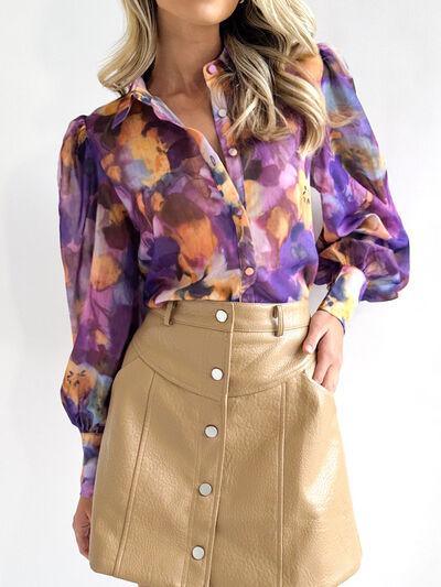 a woman wearing a purple shirt and tan skirt