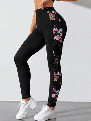 Spring Workout High Waist Black Floral Leggings - MXSTUDIO.COM