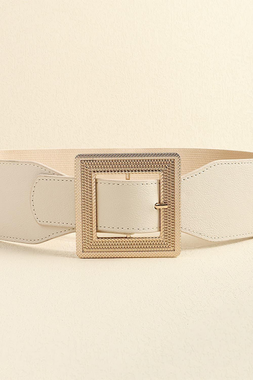 Square Buckle PU Leather White Elastic Waist Belt - MXSTUDIO.COM