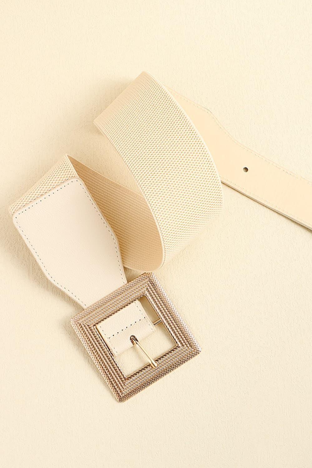 Square Buckle PU Leather White Elastic Waist Belt - MXSTUDIO.COM