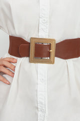 Square Buckle PU Leather White Elastic Waist Belt - MXSTUDIO.COM