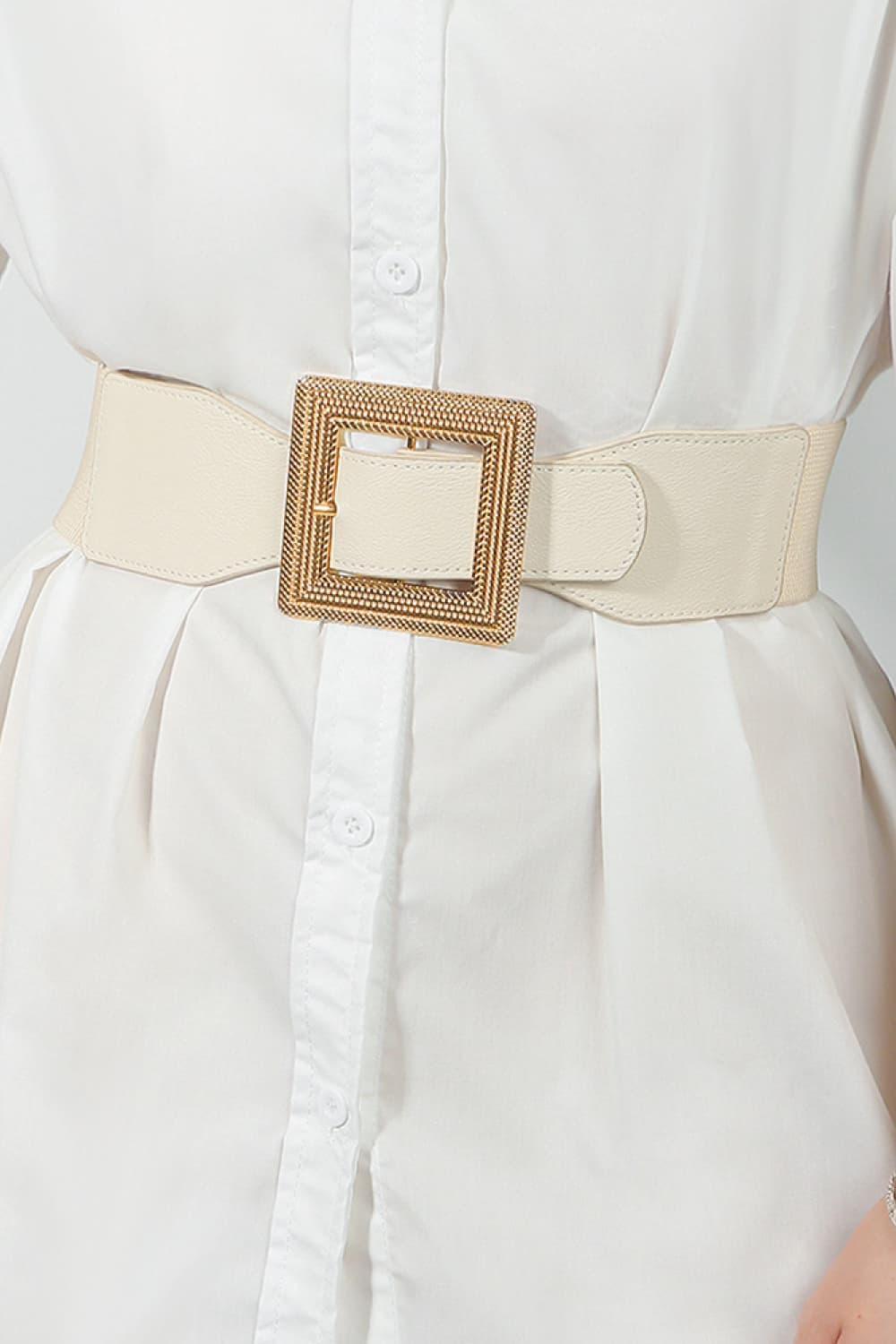 Square Buckle PU Leather White Elastic Waist Belt - MXSTUDIO.COM