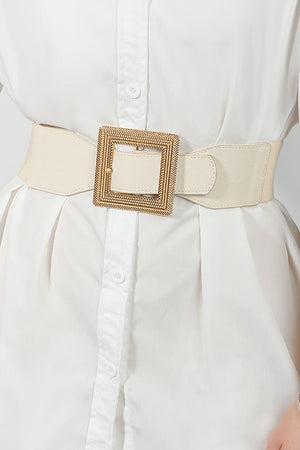 Square Buckle PU Leather White Elastic Waist Belt - MXSTUDIO.COM
