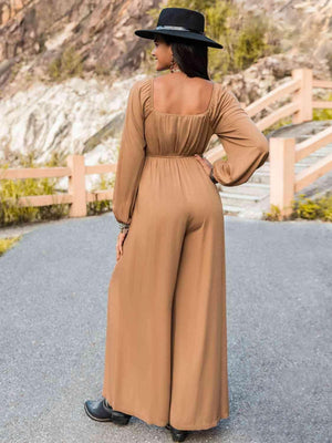 Square Neck Long Sleeve Wide Leg Jumpsuit - MXSTUDIO.COM