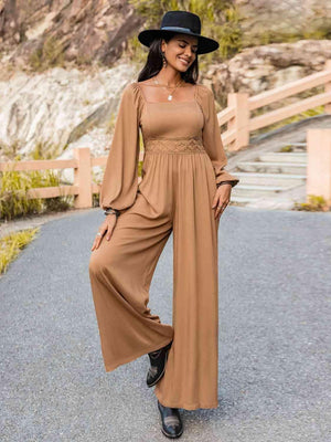 Square Neck Long Sleeve Wide Leg Jumpsuit - MXSTUDIO.COM