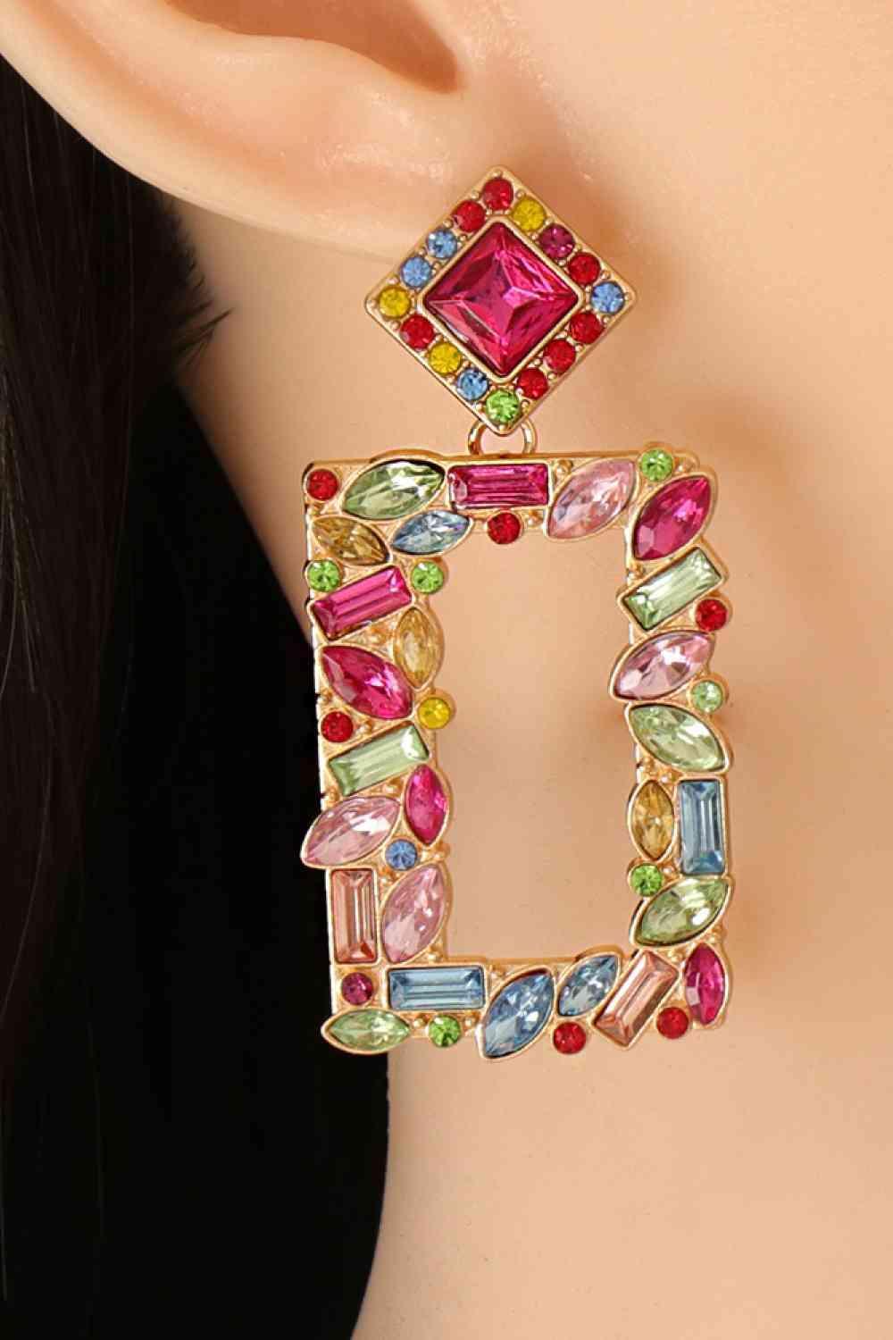 Square Shape Glass Stone Fashion Dangle Earrings-MXSTUDIO.COM