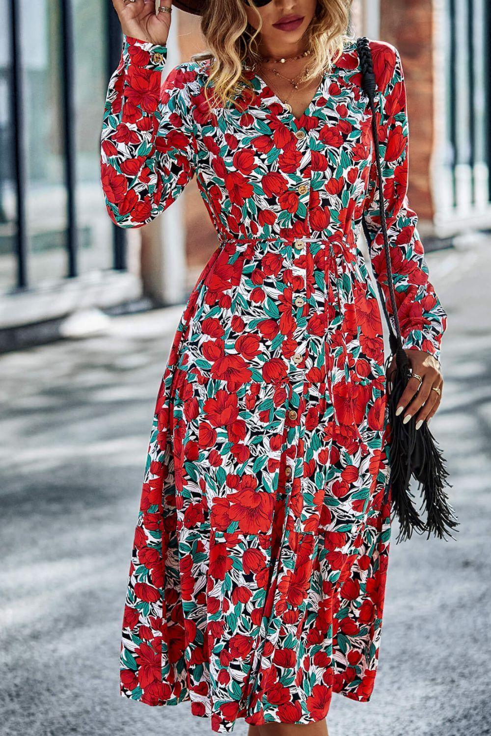 Staggering Printed Tiered Long Sleeve Dress - MXSTUDIO.COM