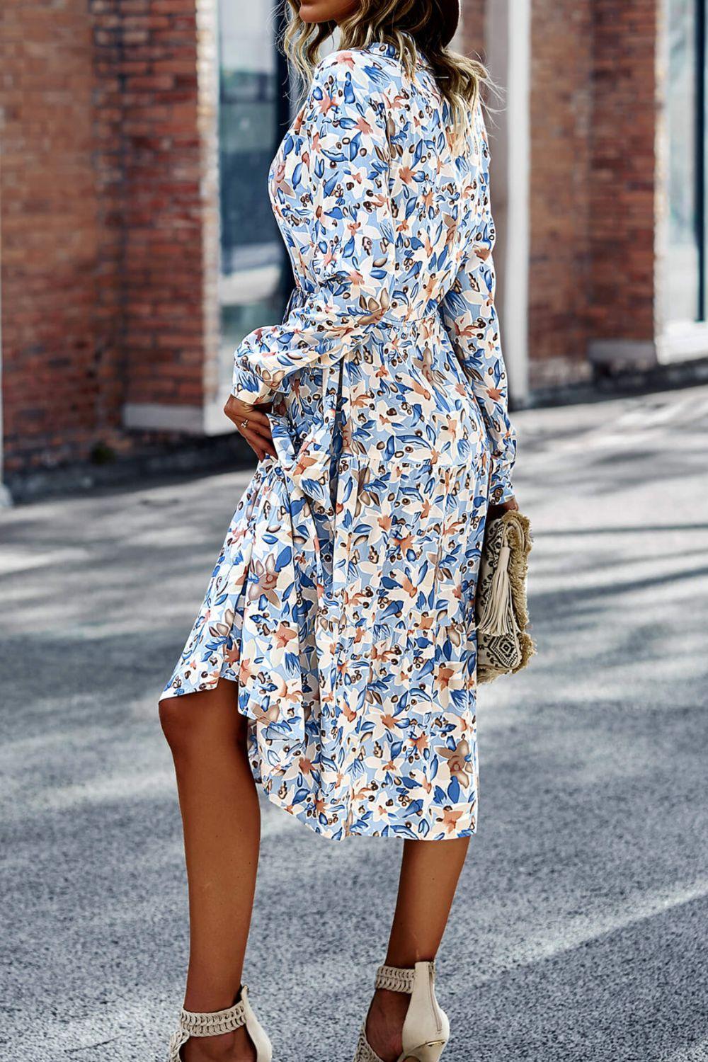 Staggering Printed Tiered Long Sleeve Dress - MXSTUDIO.COM