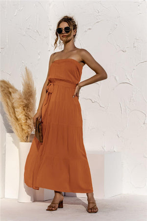 Staggering Tie Waist Strapless Tiered Maxi Dress - MXSTUDIO.COM