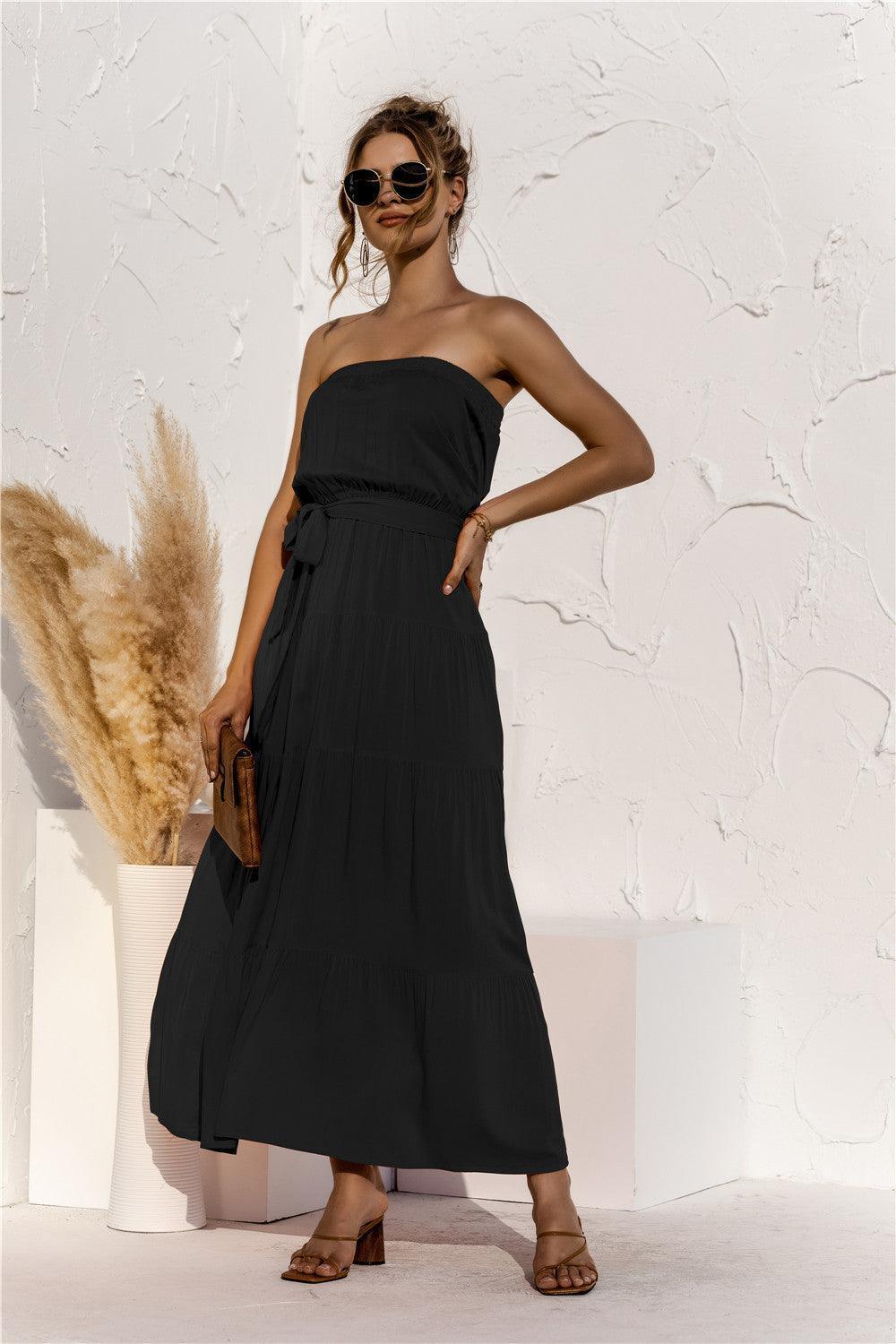 Staggering Tie Waist Strapless Tiered Maxi Dress - MXSTUDIO.COM