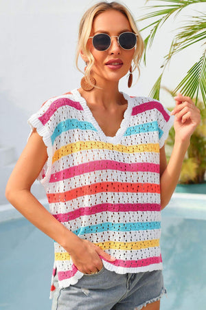 Stand Out Cover Up V Neck Striped Blouse - MXSTUDIO.COM