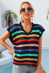 Stand Out Cover Up V Neck Striped Blouse - MXSTUDIO.COM