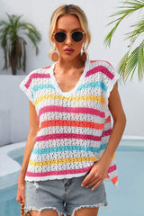 Stand Out Cover Up V Neck Striped Blouse - MXSTUDIO.COM