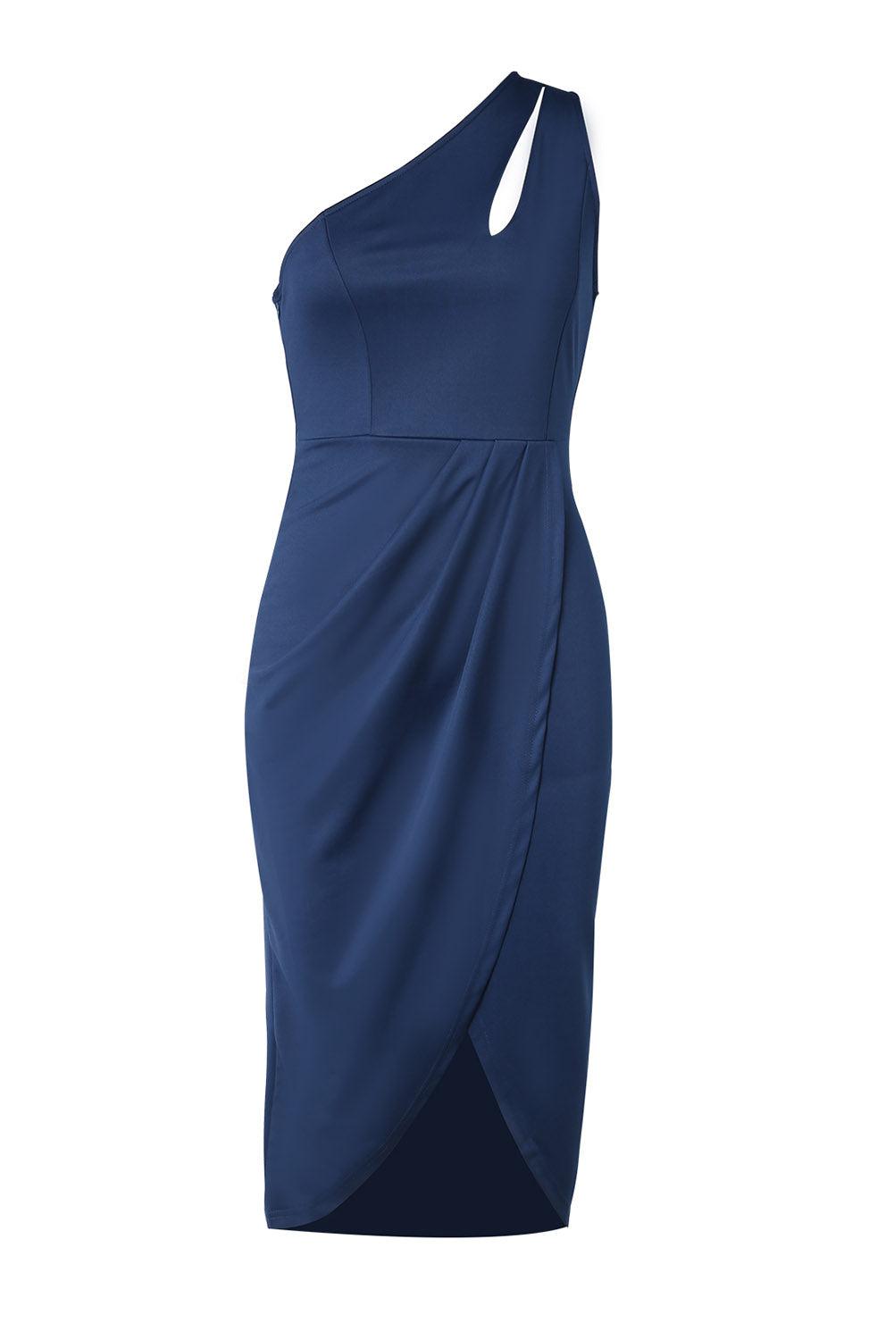 a women's blue dress with one shoulder