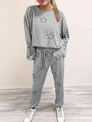 Star Print Cloudy Blue 2 Piece Outfit Lounge Set - MXSTUDIO.COM