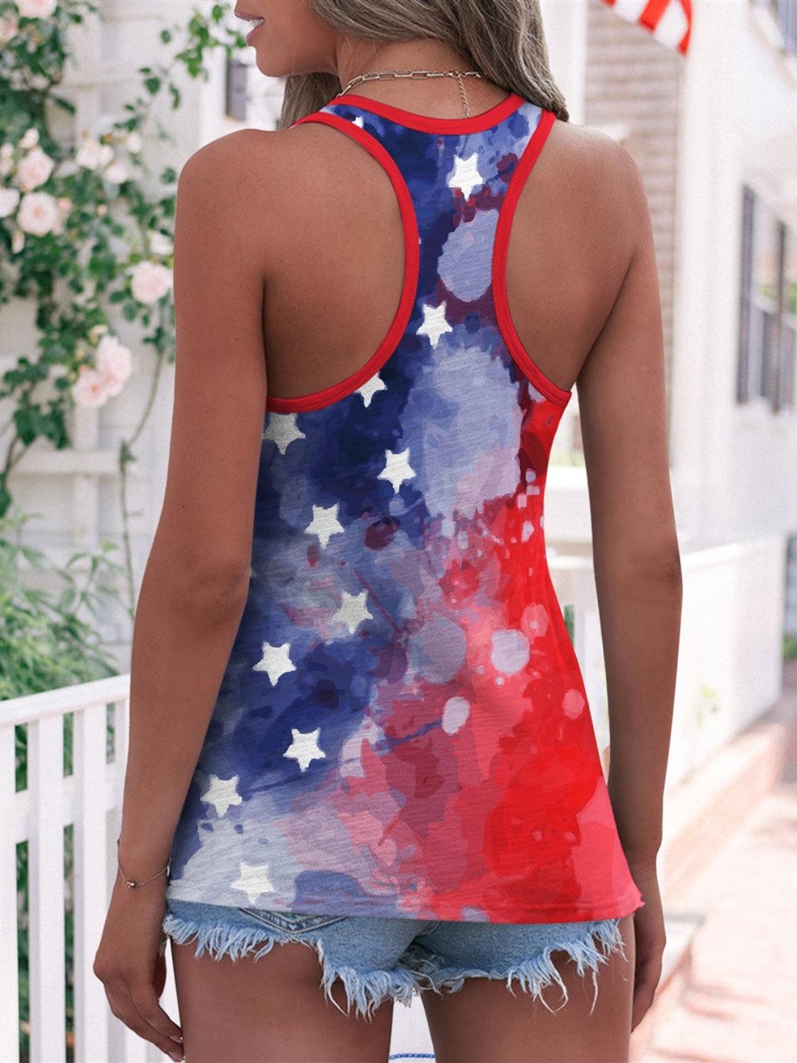 a woman wearing a red, white and blue tank top
