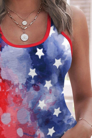a woman wearing a red, white and blue tank top