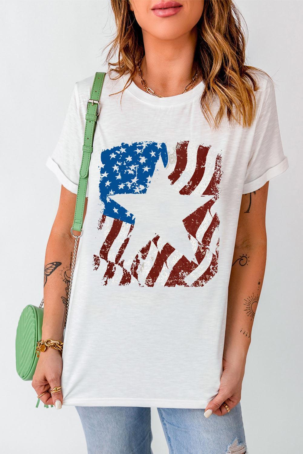 Star US Flag White Graphic Tee Shirt - MXSTUDIO.COM