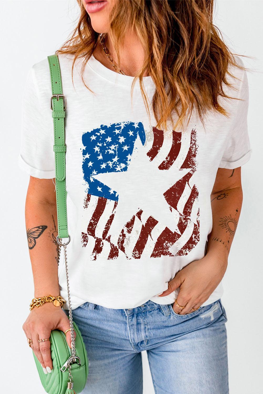 Star US Flag White Graphic Tee Shirt - MXSTUDIO.COM