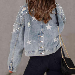 Stars Detail Buttoned Beaded Denim Jacket - MXSTUDIO.COM