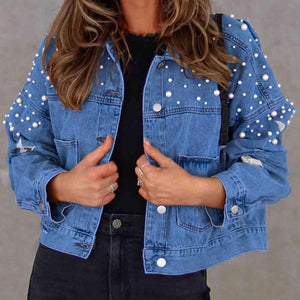 Stars Detail Buttoned Beaded Denim Jacket - MXSTUDIO.COM