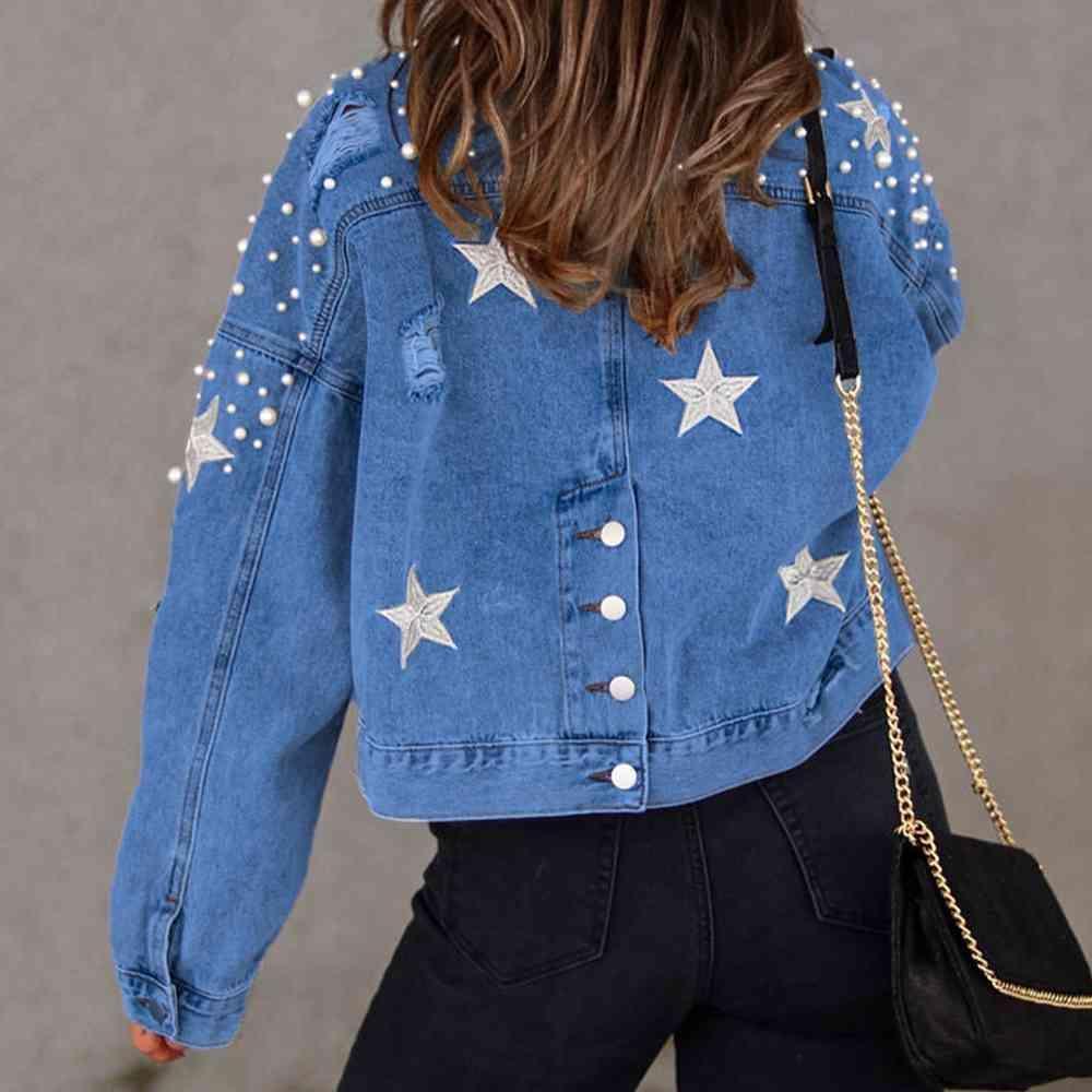 Stars Detail Buttoned Beaded Denim Jacket - MXSTUDIO.COM