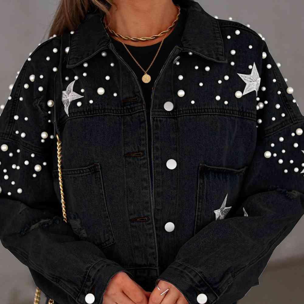 Stars Detail Buttoned Beaded Denim Jacket - MXSTUDIO.COM