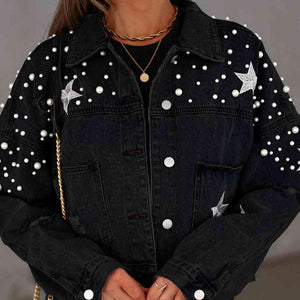 Stars Detail Buttoned Beaded Denim Jacket - MXSTUDIO.COM