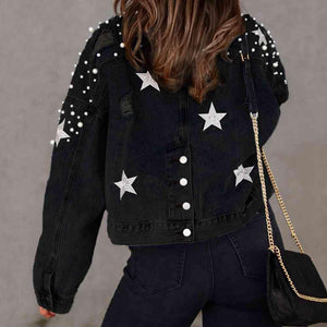 Stars Detail Buttoned Beaded Denim Jacket - MXSTUDIO.COM