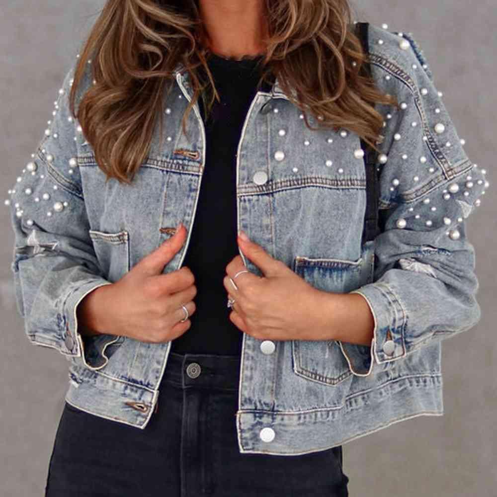 Stars Detail Buttoned Beaded Denim Jacket - MXSTUDIO.COM