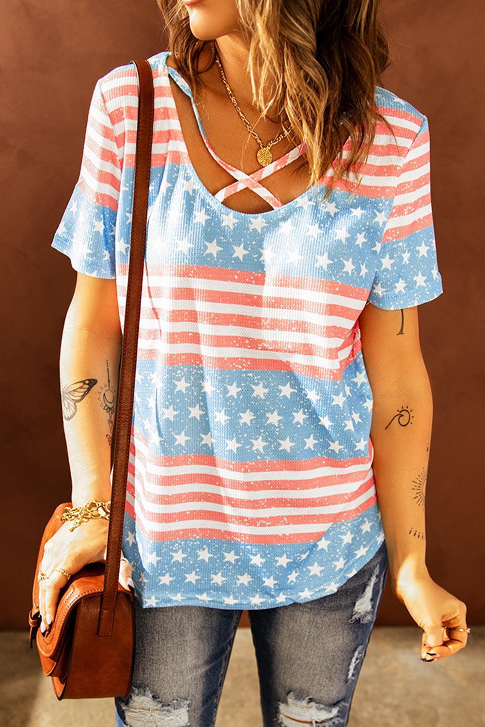 Stars and Stripes Crisscross US Flag T Shirt - MXSTUDIO.COM