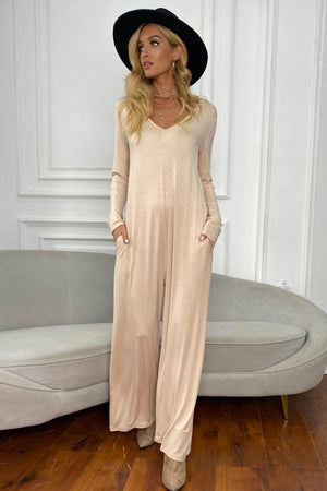 Stay Cool V Neck Long Sleeve Wide Leg Jumpsuit - MXSTUDIO.COM