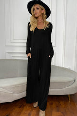 Stay Cool V Neck Long Sleeve Wide Leg Jumpsuit - MXSTUDIO.COM