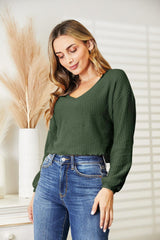 Stay Determined Long Sleeve Waffle-Knit V Neck Blouse - MXSTUDIO.COM