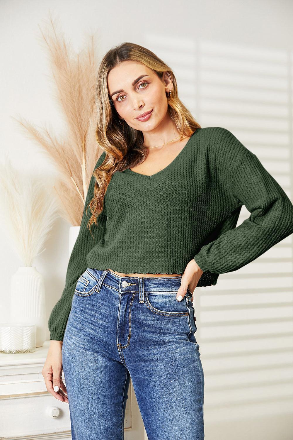 Stay Determined Long Sleeve Waffle-Knit V Neck Blouse - MXSTUDIO.COM