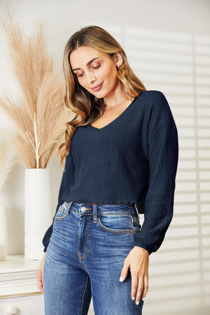 Stay Determined Long Sleeve Waffle-Knit V Neck Blouse - MXSTUDIO.COM