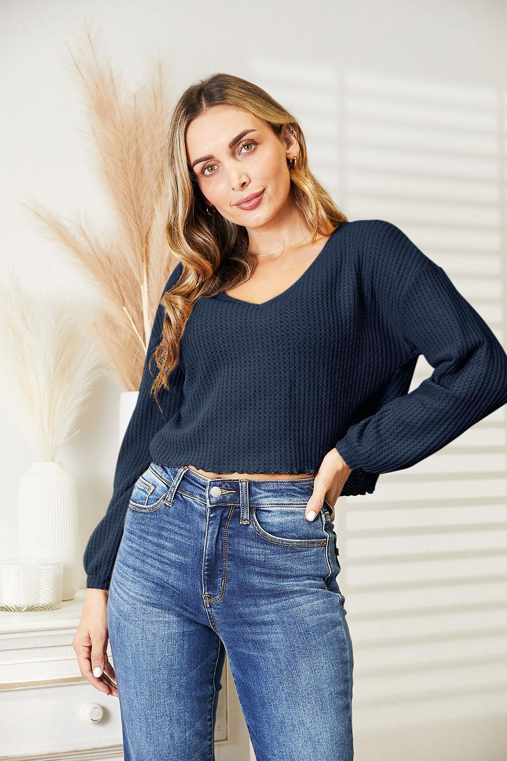 Stay Determined Long Sleeve Waffle-Knit V Neck Blouse - MXSTUDIO.COM