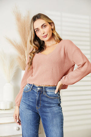 Stay Determined Long Sleeve Waffle-Knit V Neck Blouse - MXSTUDIO.COM