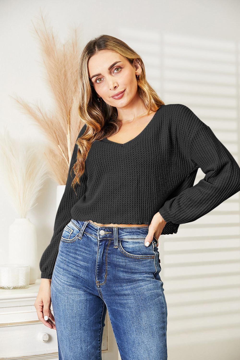 Stay Determined Long Sleeve Waffle-Knit V Neck Blouse - MXSTUDIO.COM