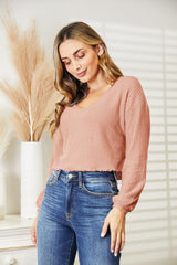 Stay Determined Long Sleeve Waffle-Knit V Neck Blouse - MXSTUDIO.COM