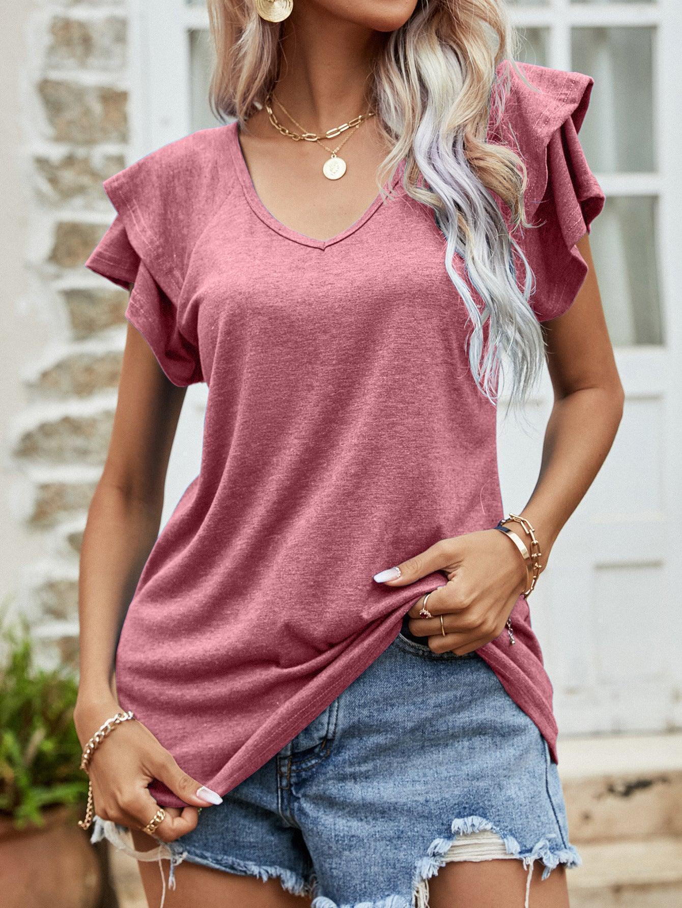 Stay Focused V Neck Layered Flutter Sleeve Blouse - MXSTUDIO.COM