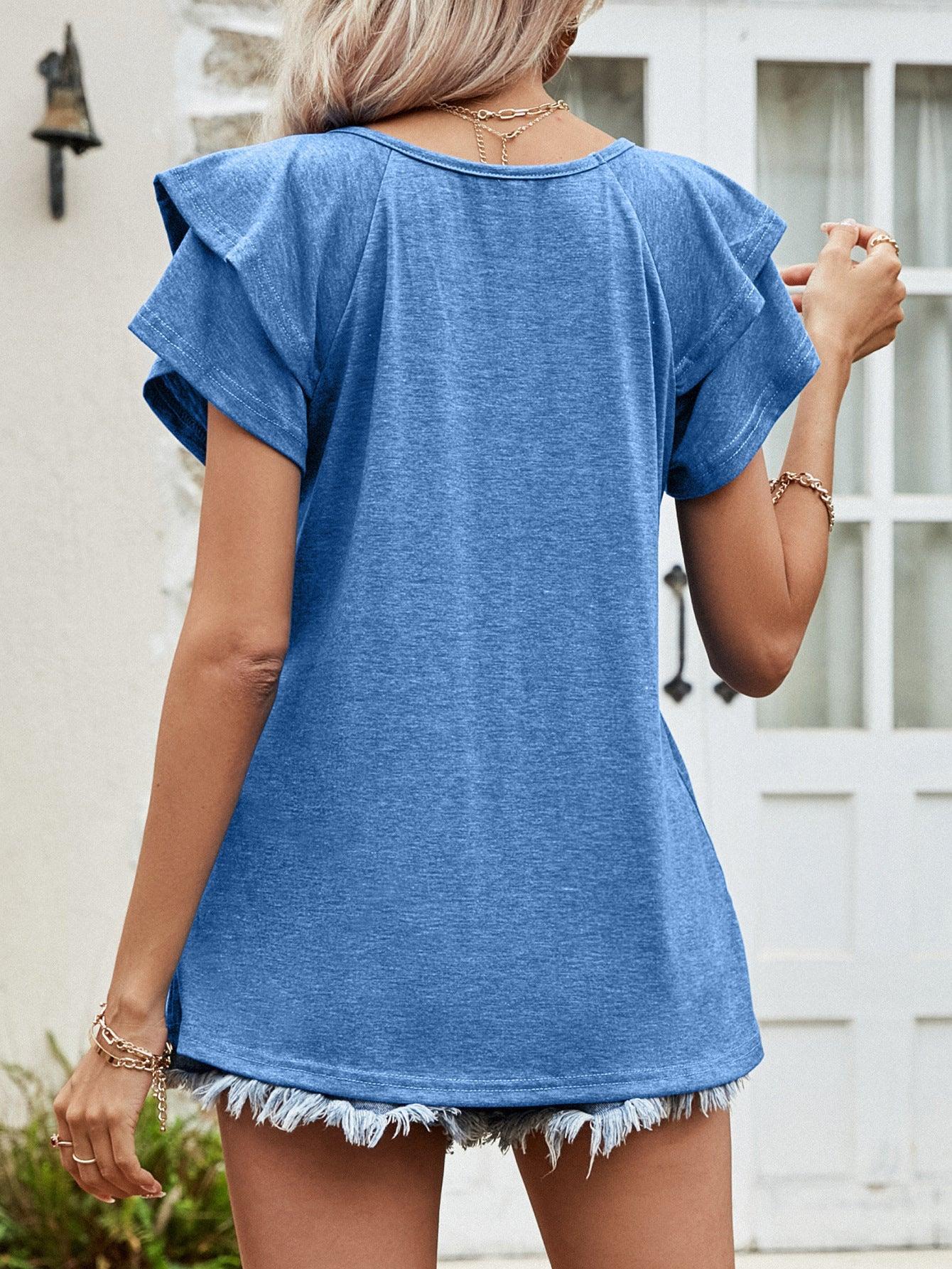 Stay Focused V Neck Layered Flutter Sleeve Blouse - MXSTUDIO.COM